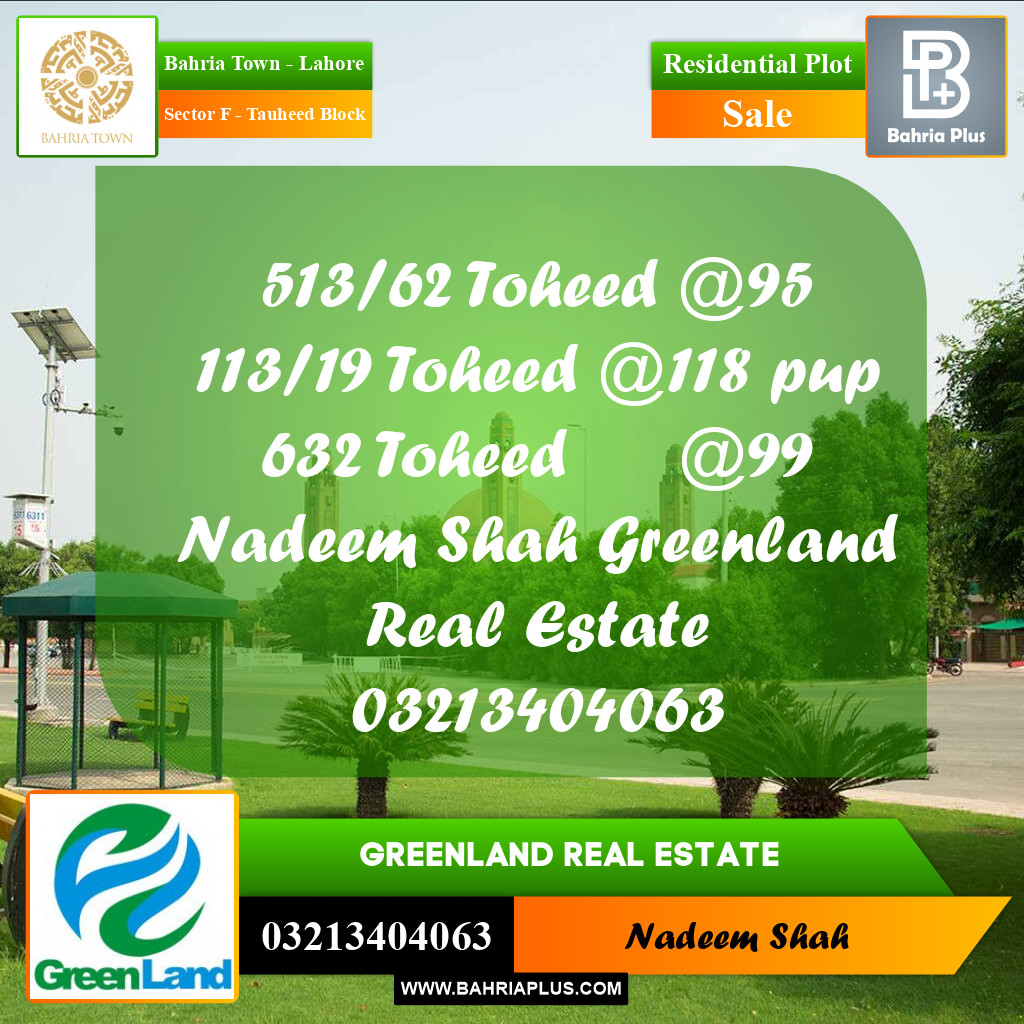 Residential Plot for Sale in Sector F - Tauheed Block -  Bahria Town, Lahore - (BP-198585)