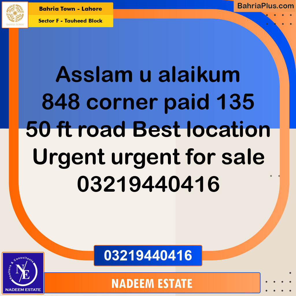 Residential Plot for Sale in Sector F - Tauheed Block -  Bahria Town, Lahore - (BP-198700)