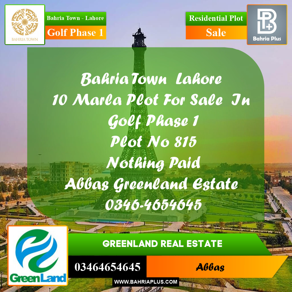 Residential Plot for Sale in Golf Phase 1 -  Bahria Town, Lahore - (BP-198875)