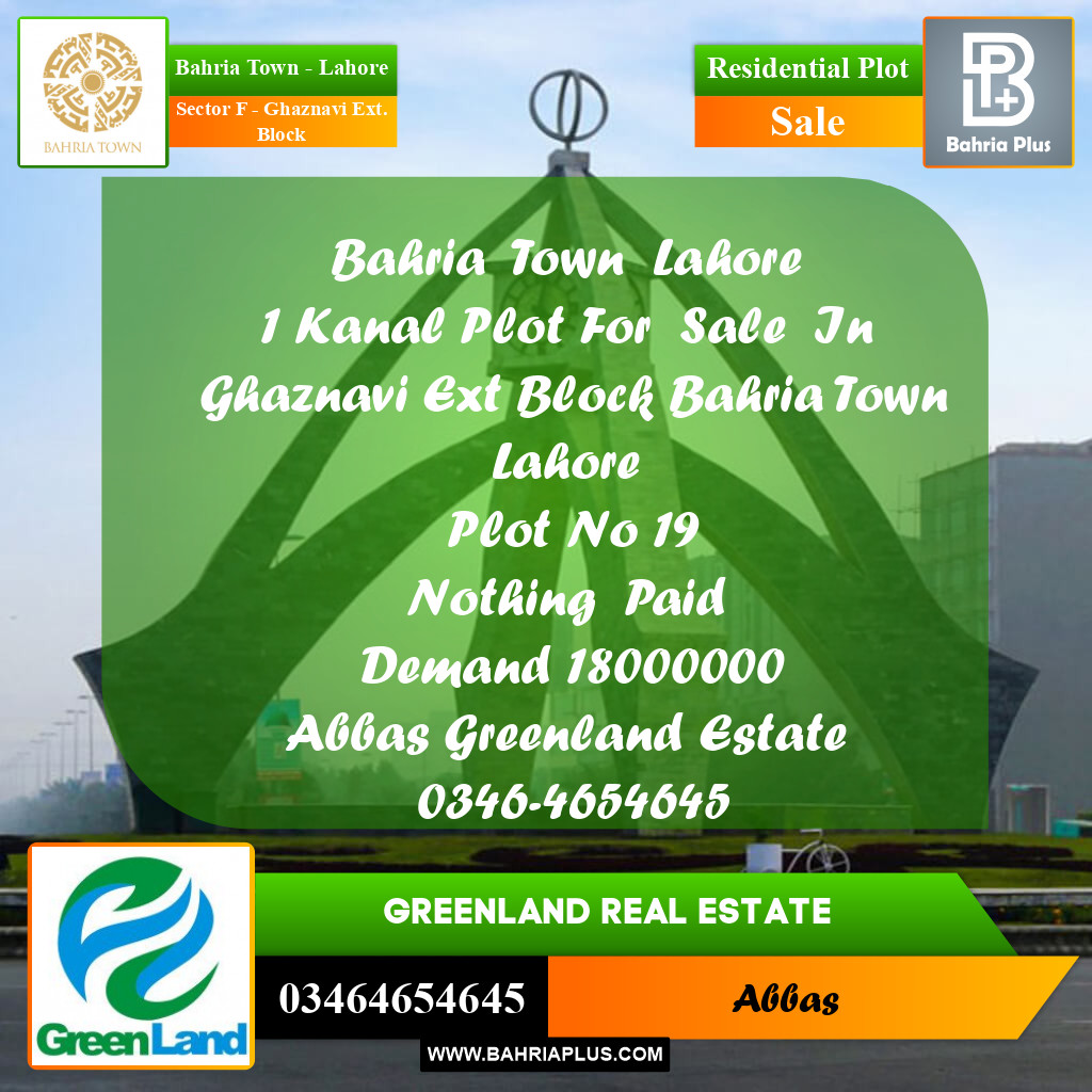 Residential Plot for Sale in Sector F - Ghaznavi Ext. Block -  Bahria Town, Lahore - (BP-198918)