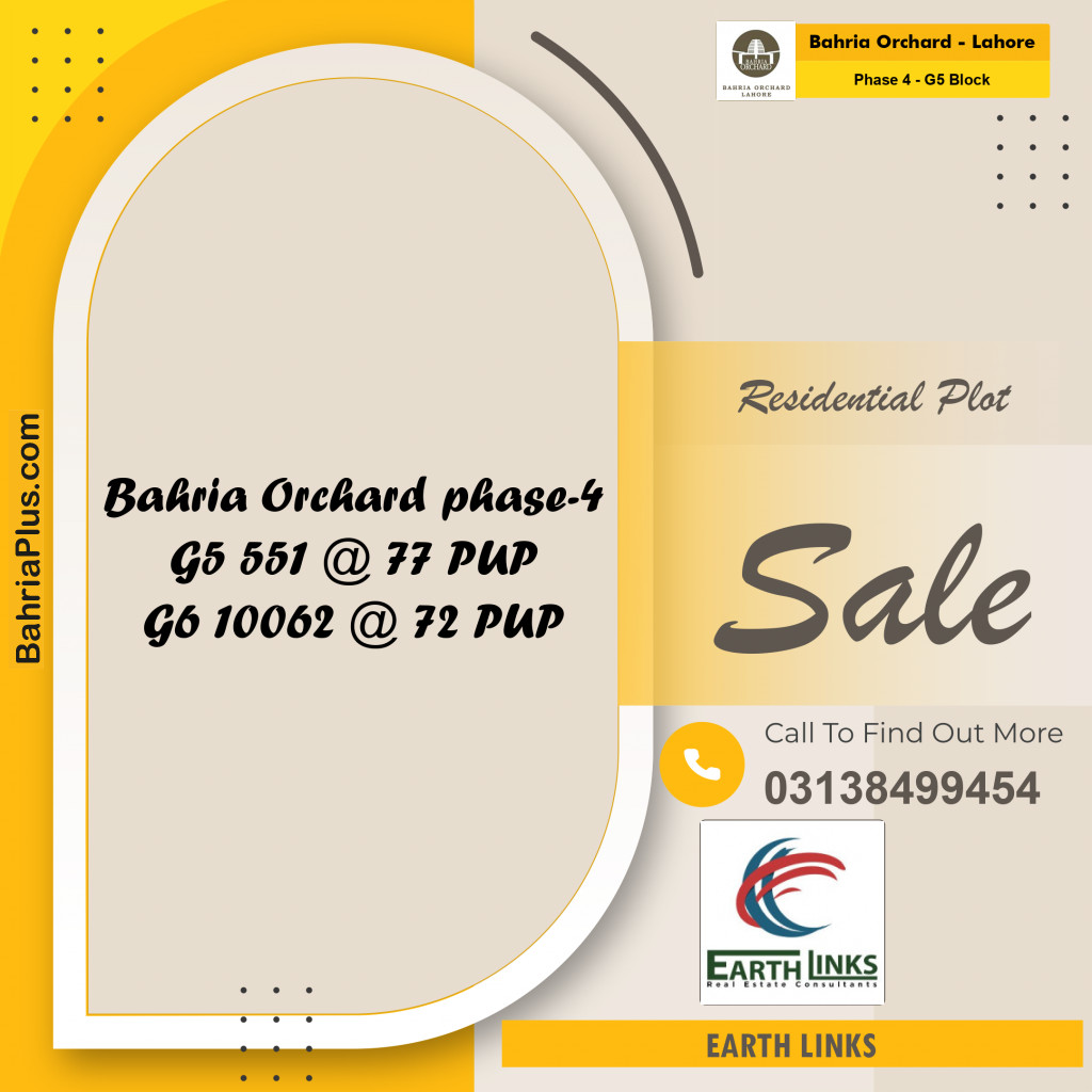 10 Marla Residential Plot for Sale in Phase 4 - G5 Block -  Bahria Orchard, Lahore - (BP-199106)