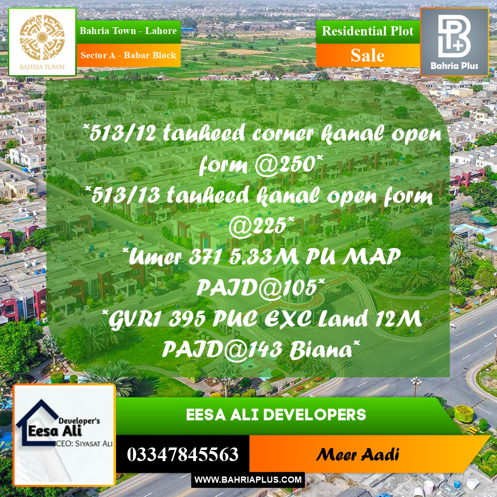 Residential Plot for Sale in Sector A - Babar Block -  Bahria Town, Lahore - (BP-199151)