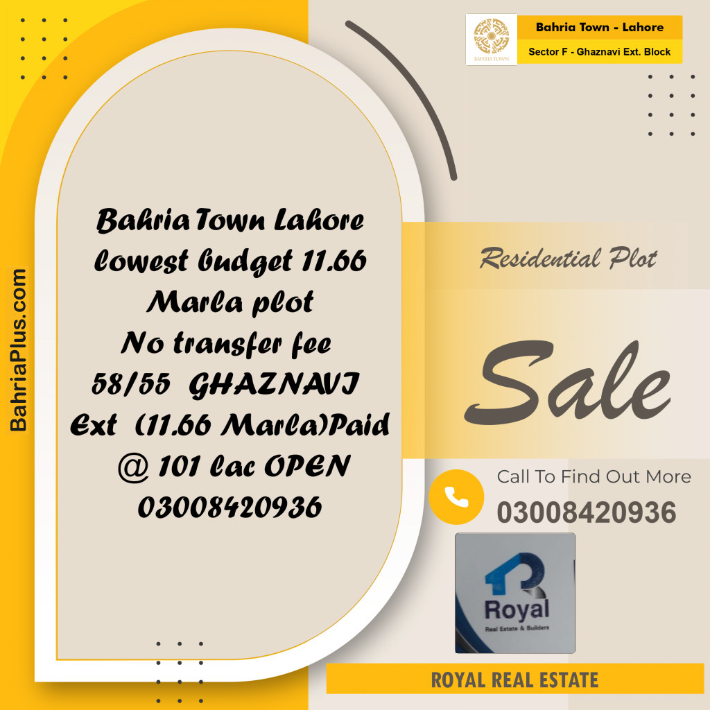 11.66 Marla Residential Plot for Sale in Sector F - Ghaznavi Ext. Block -  Bahria Town, Lahore - (BP-199191)