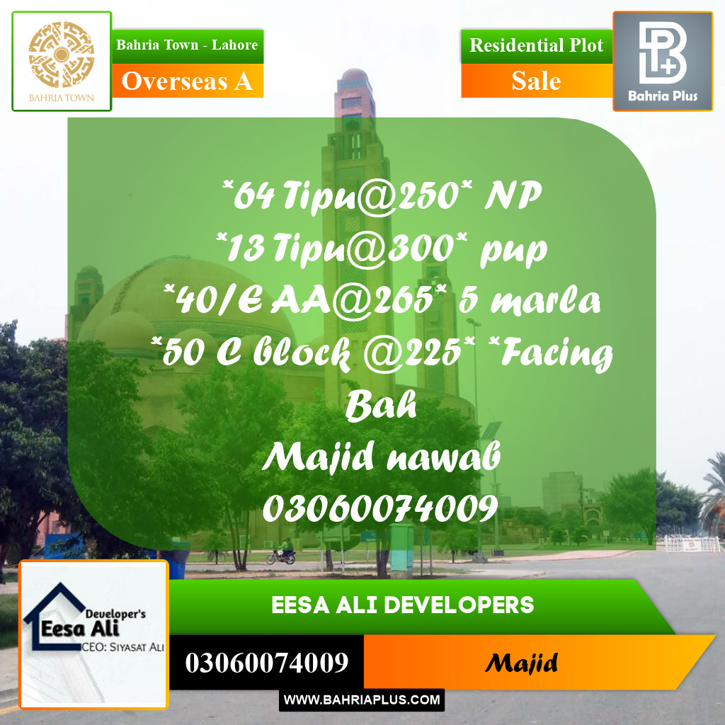 Residential Plot for Sale in Overseas A - Bahria Town, Lahore - (BP-199200)