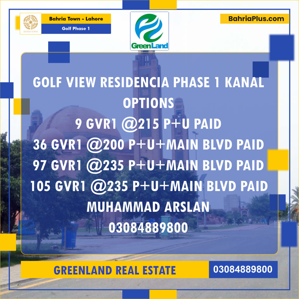 1 Kanal Residential Plot for Sale in Golf Phase 1 -  Bahria Town, Lahore - (BP-199241)