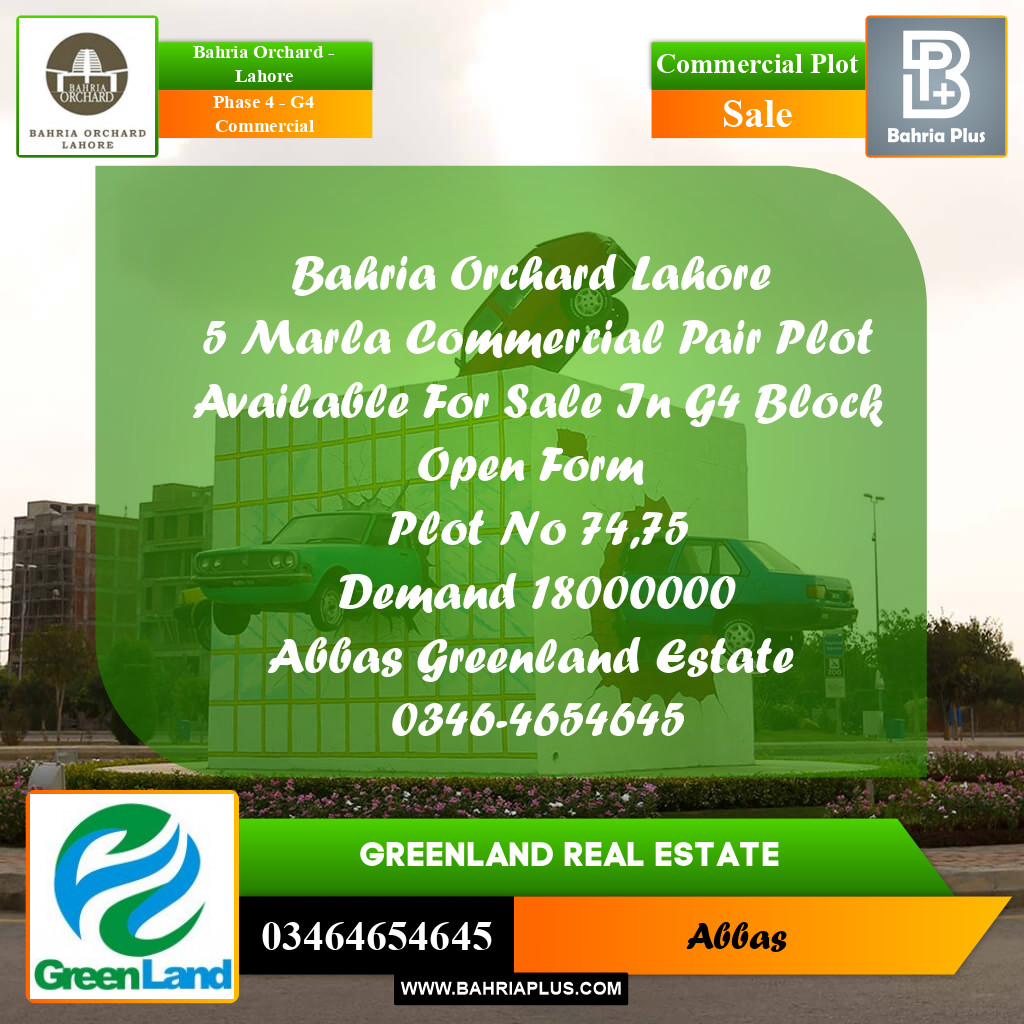 5 Marla Commercial Plot for Sale in Phase 4 - G4 Commercial -  Bahria Orchard, Lahore - (BP-199324)