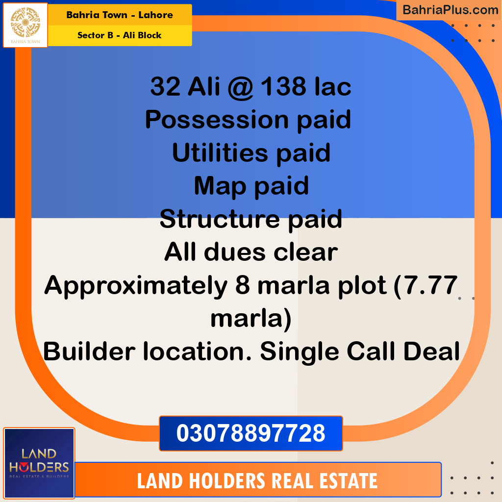 Residential Plot for Sale in Sector B - Ali Block -  Bahria Town, Lahore - (BP-199600)