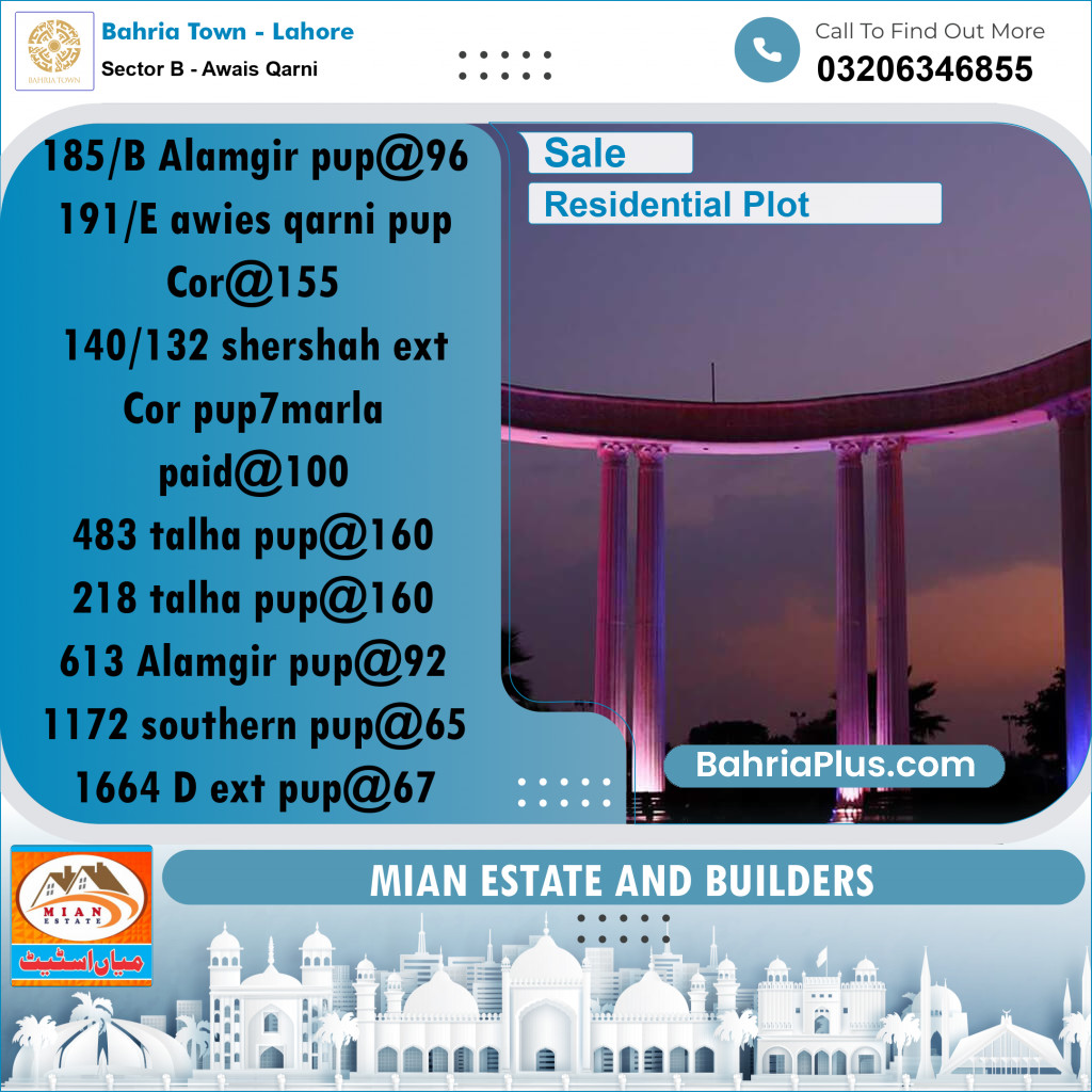 10.8 Marla Residential Plot for Sale in Sector B - Awais Qarni -  Bahria Town, Lahore - (BP-199626)