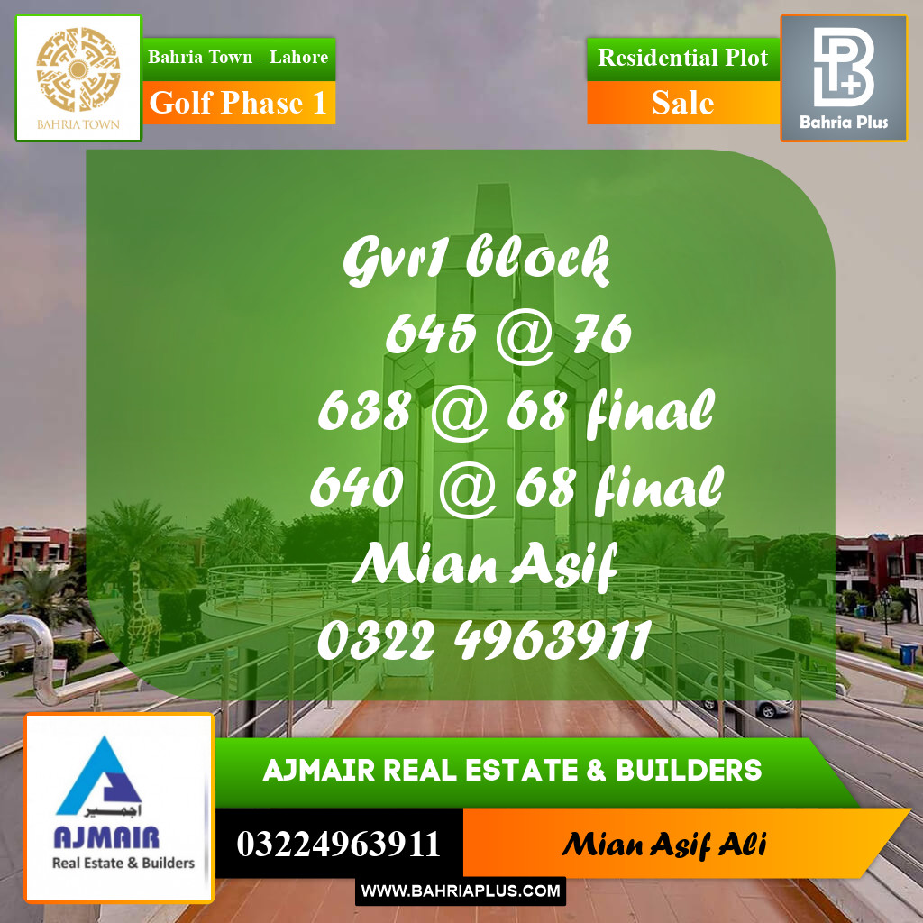Residential Plot for Sale in Golf Phase 1 -  Bahria Town, Lahore - (BP-199735)