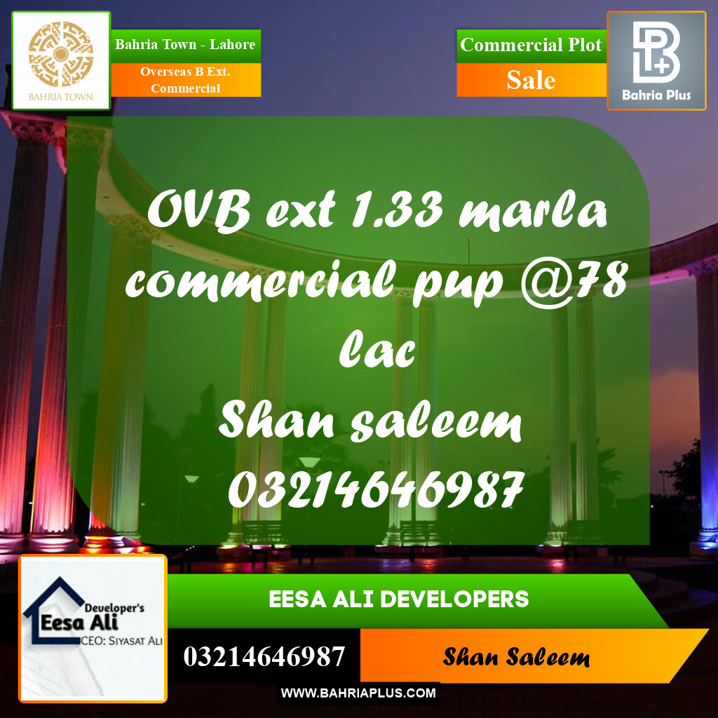 Commercial Plot for Sale in Overseas B Ext. Commercial -  Bahria Town, Lahore - (BP-199773)