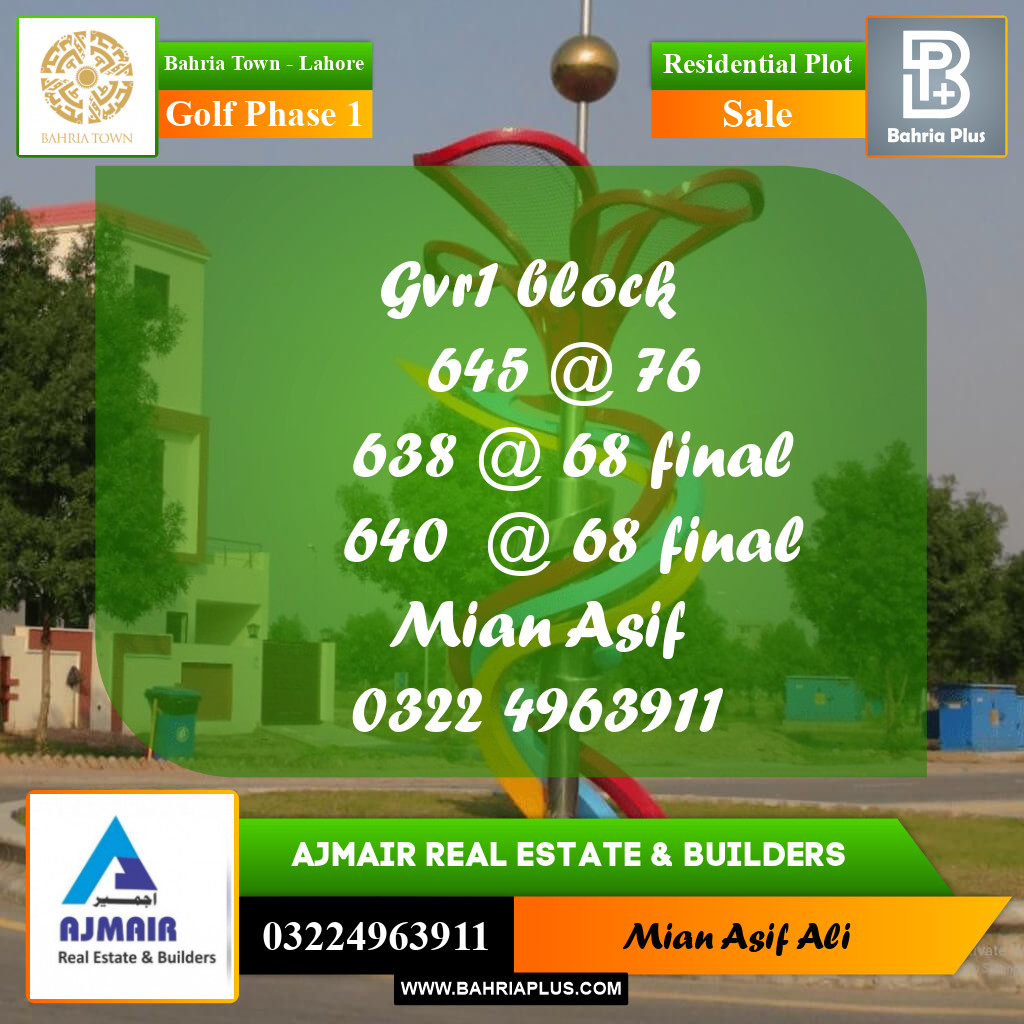 Residential Plot for Sale in Golf Phase 1 -  Bahria Town, Lahore - (BP-199853)