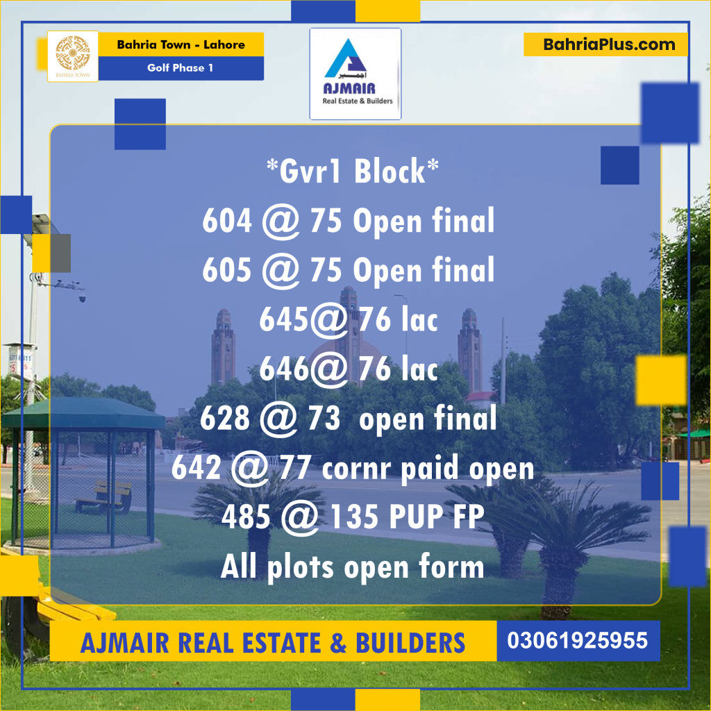 Residential Plot for Sale in Golf Phase 1 -  Bahria Town, Lahore - (BP-199939)