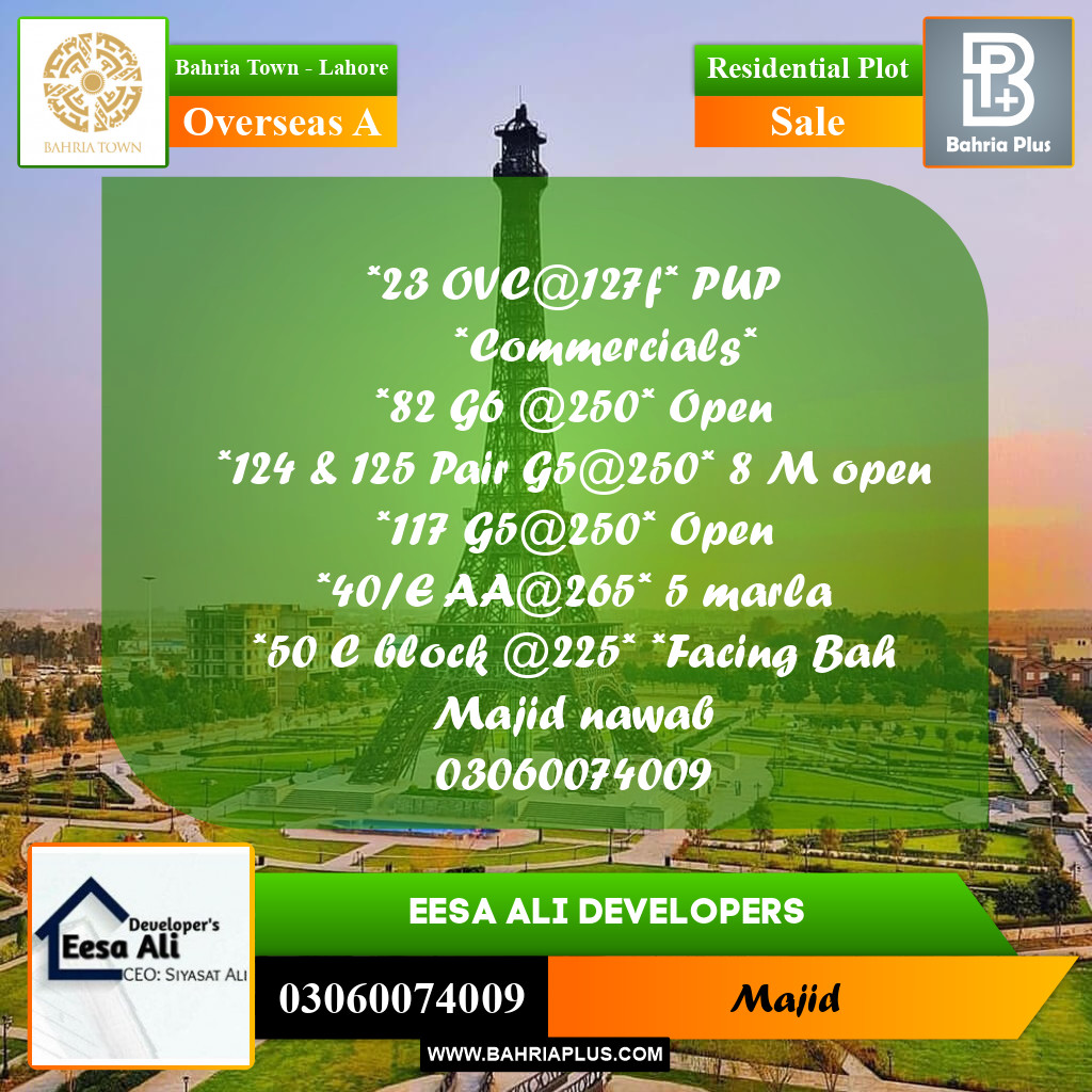 Residential Plot for Sale in Overseas A - Bahria Town, Lahore - (BP-200160)