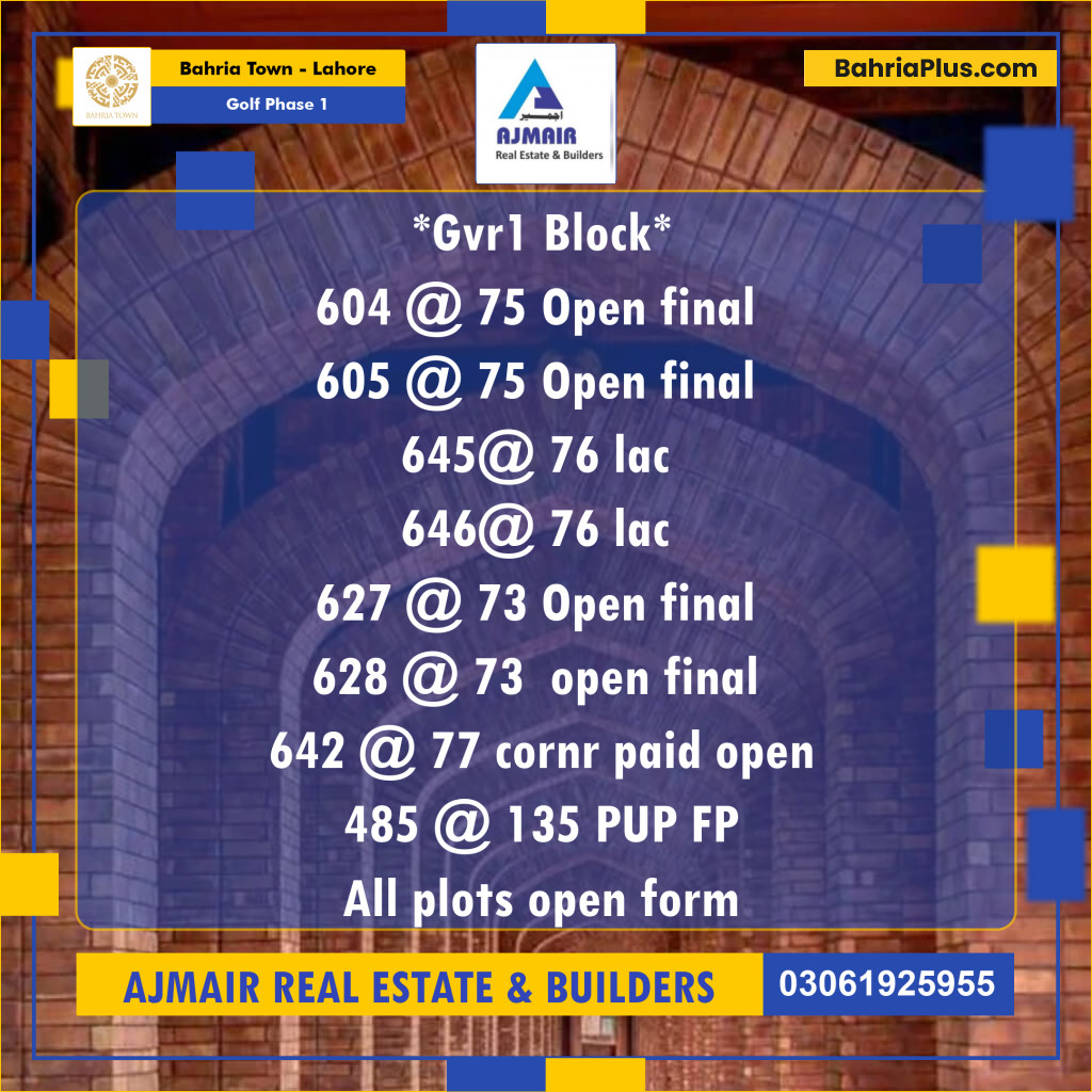Residential Plot for Sale in Golf Phase 1 -  Bahria Town, Lahore - (BP-200549)