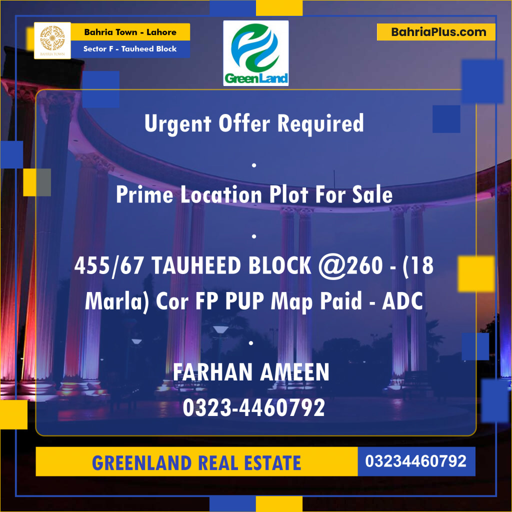 Residential Plot for Sale in Sector F - Tauheed Block -  Bahria Town, Lahore - (BP-200575)