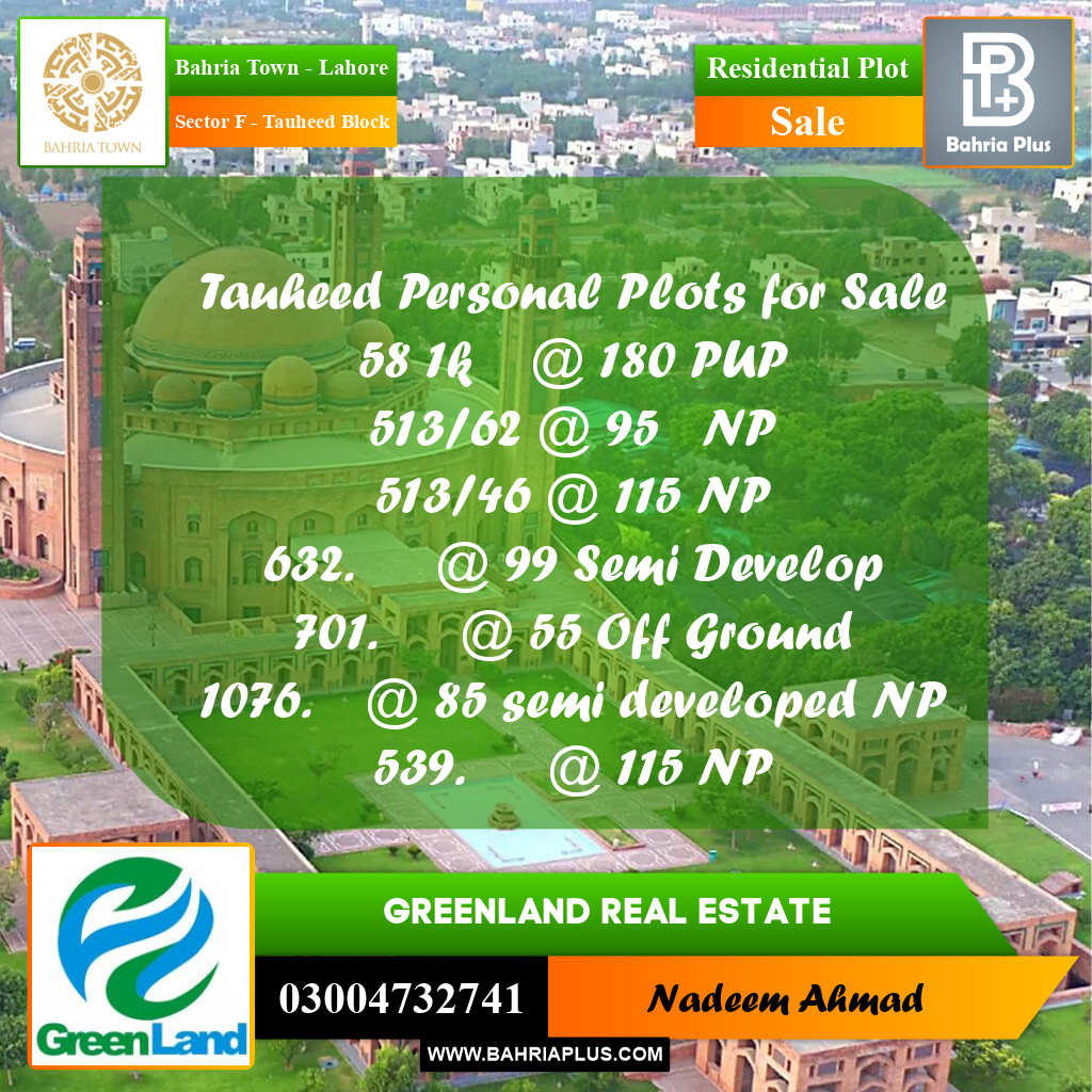 1 Kanal Residential Plot for Sale in Sector F - Tauheed Block -  Bahria Town, Lahore - (BP-200800)