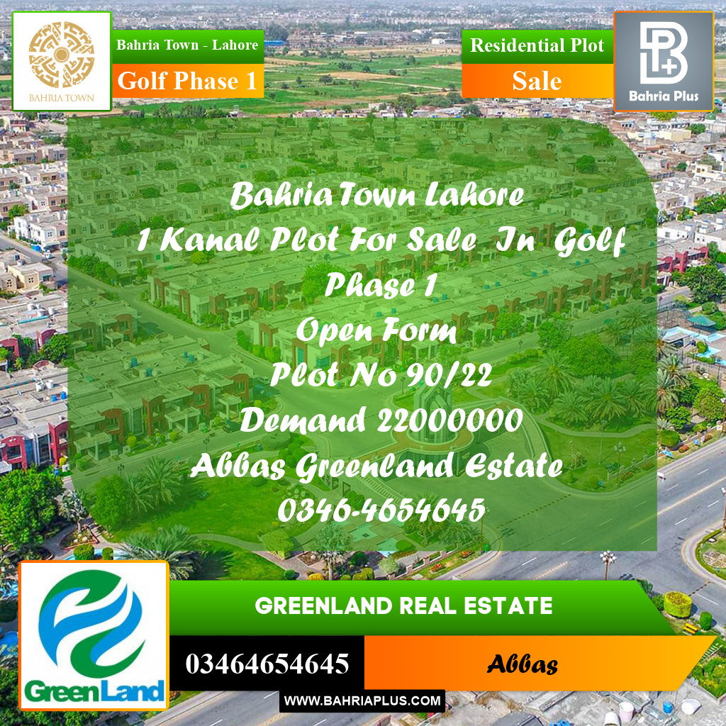 1 Kanal Residential Plot for Sale in Golf Phase 1 -  Bahria Town, Lahore - (BP-200882)