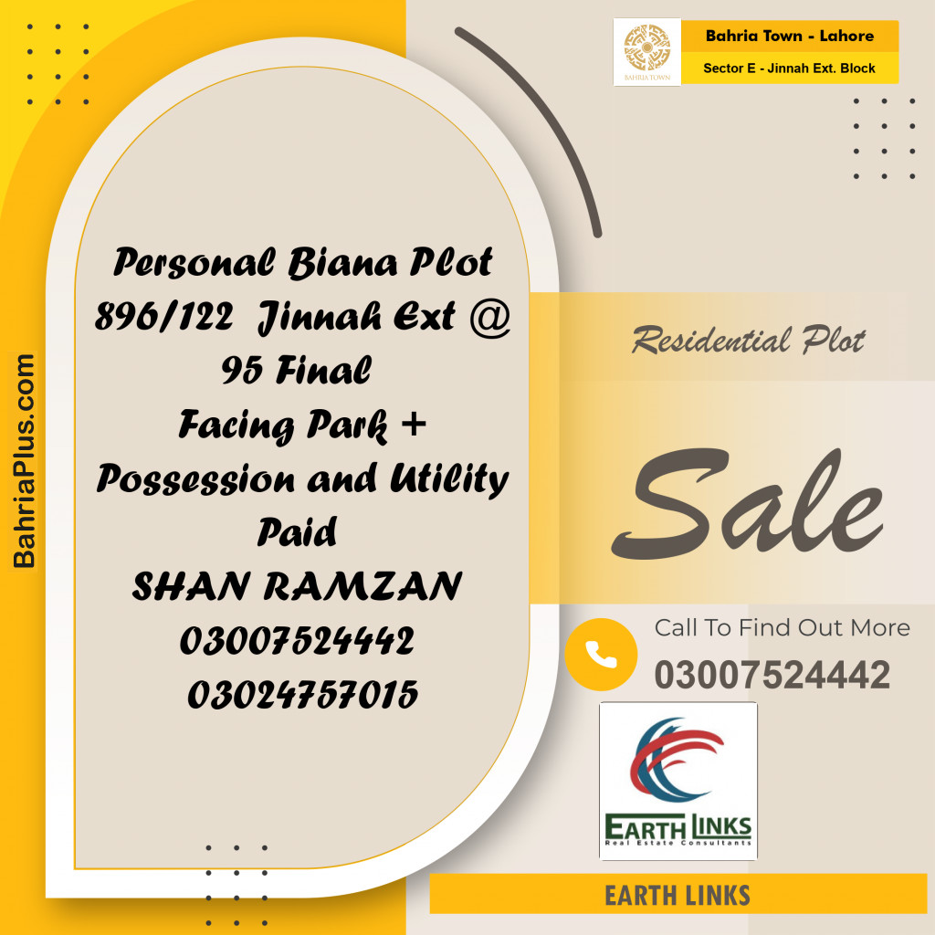 Residential Plot for Sale in Sector E - Jinnah Ext. Block -  Bahria Town, Lahore - (BP-200913)