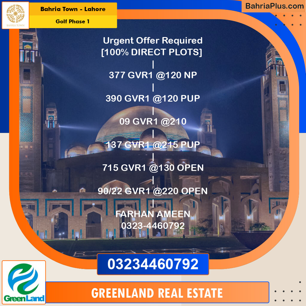 Residential Plot for Sale in Golf Phase 1 -  Bahria Town, Lahore - (BP-201034)