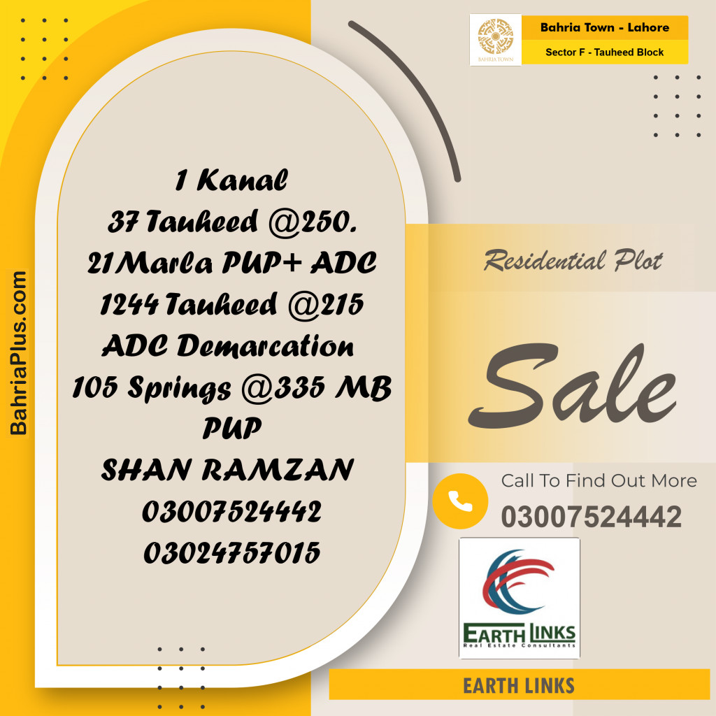 1 Kanal Residential Plot for Sale in Sector F - Tauheed Block -  Bahria Town, Lahore - (BP-201053)