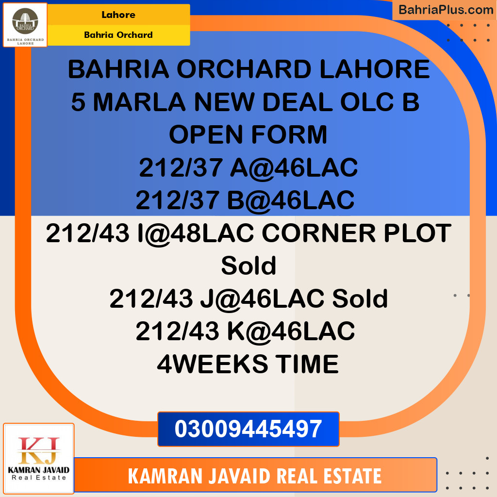 5 Marla Residential Plot for Sale in Bahria Orchard, Lahore - (BP-201069)