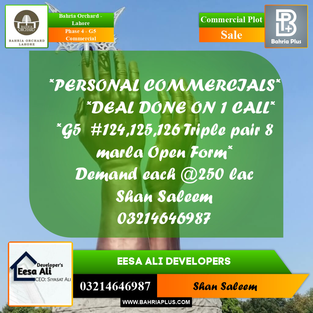 8 Marla Commercial Plot for Sale in Phase 4 - G5 Commercial -  Bahria Orchard, Lahore - (BP-201157)