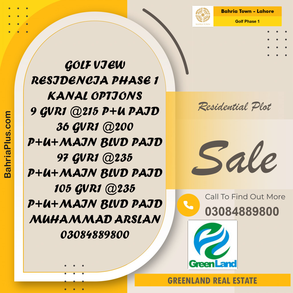 20 Marla Residential Plot for Sale in Golf Phase 1 -  Bahria Town, Lahore - (BP-201208)