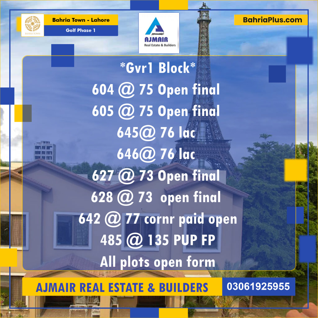 Residential Plot for Sale in Golf Phase 1 - Bahria Town, Lahore - (BP-201332)