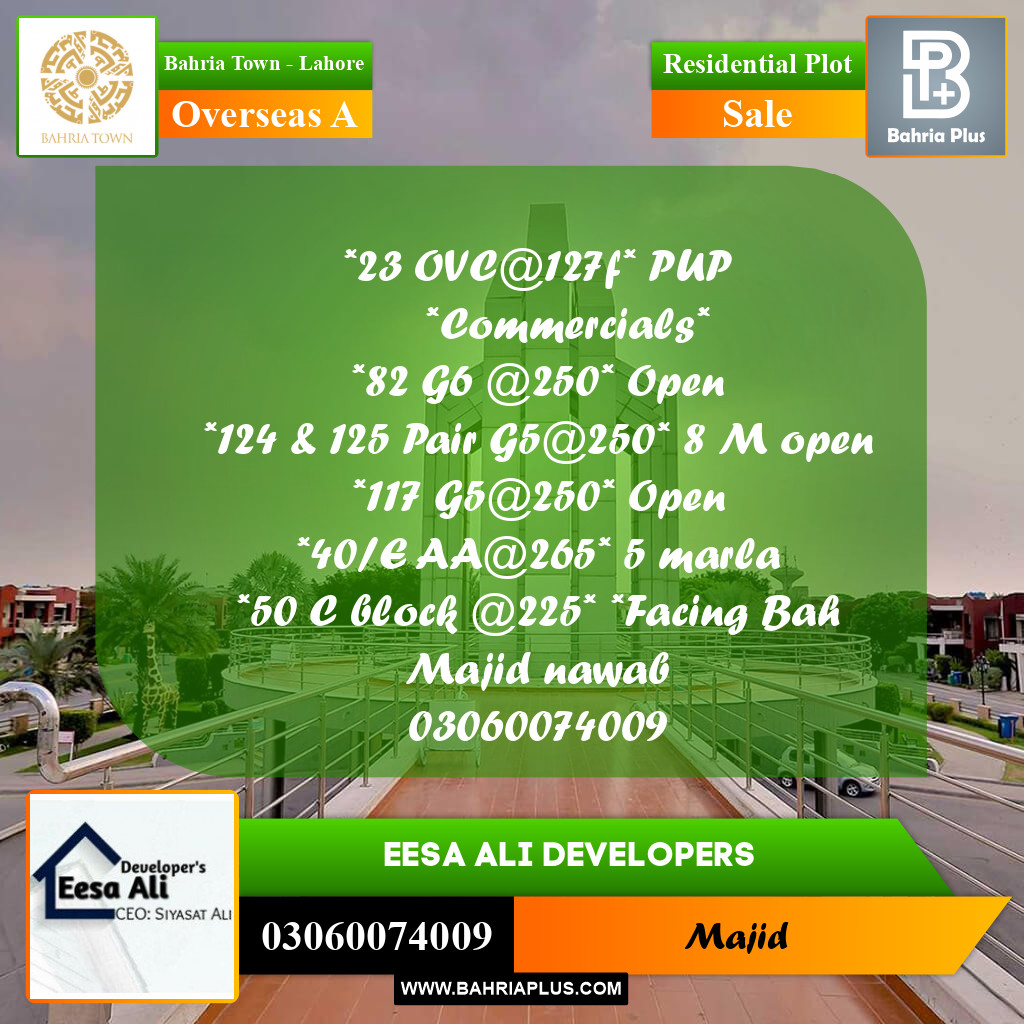 Residential Plot for Sale in Overseas A -  Bahria Town, Lahore - (BP-201378)