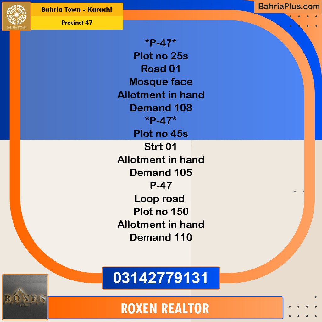 250 Sq. Yards Residential Plot for Sale in Precinct 47 -  Bahria Town, Karachi - (BP-201383)