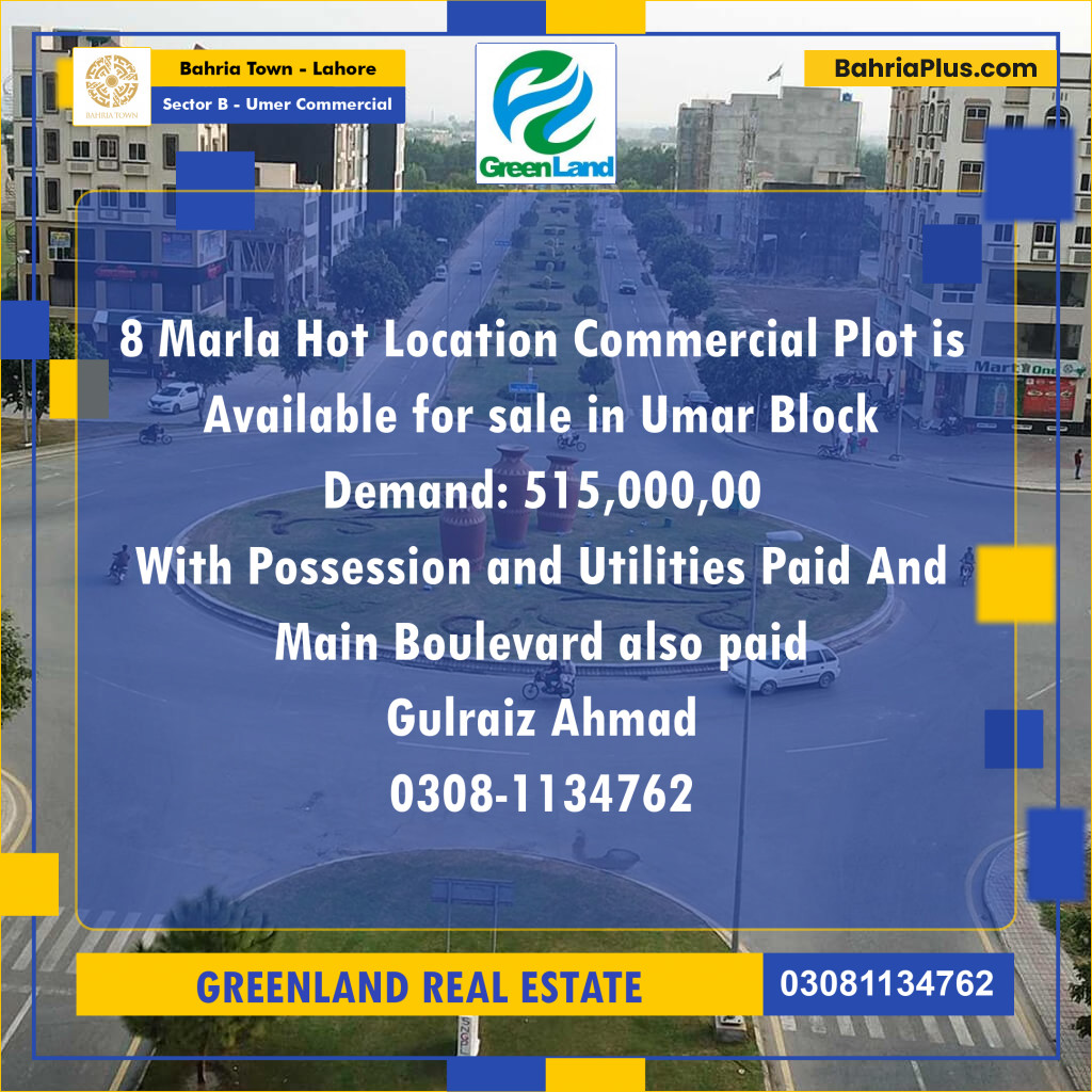 8 Marla Commercial Plot for Sale in Sector B - Umer Commercial -  Bahria Town, Lahore - (BP-201445)