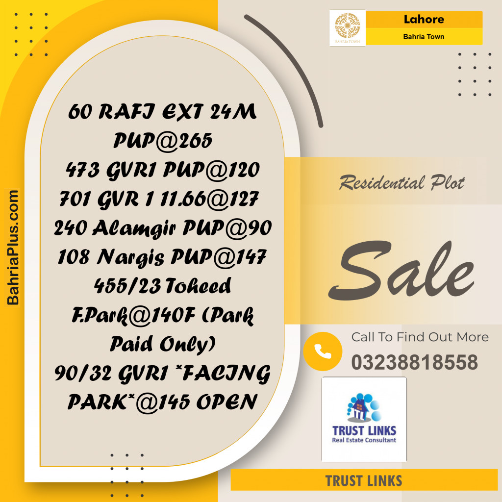 Residential Plot for Sale in Bahria Town, Lahore - (BP-201463)
