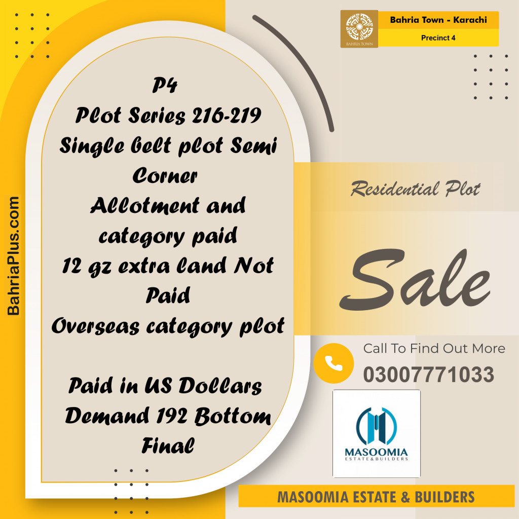 500 Sq. Yards Residential Plot for Sale in Precinct 4 - Bahria Town, Karachi - (BP-201685)