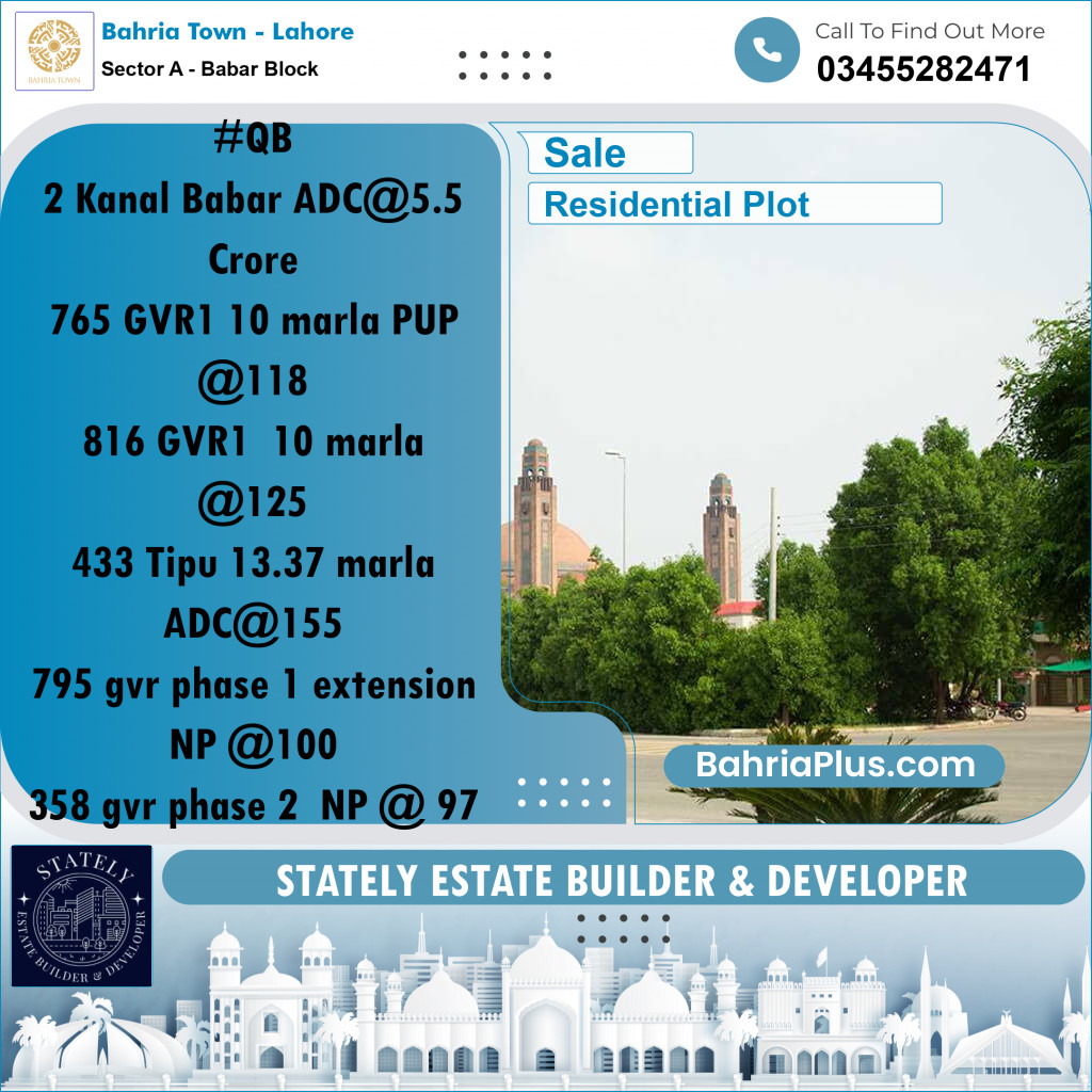 2 Kanal Residential Plot for Sale in Sector A - Babar Block -  Bahria Town, Lahore - (BP-201756)