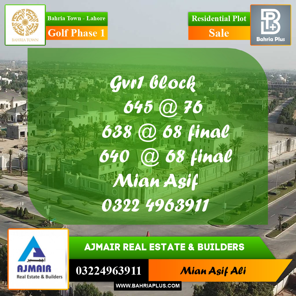 Residential Plot for Sale in Golf Phase 1 - Bahria Town, Lahore - (BP-201869)