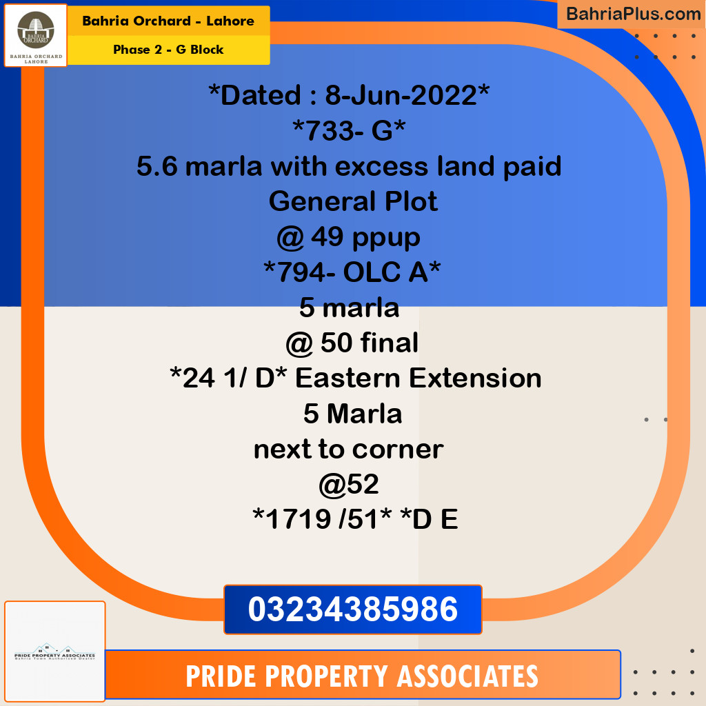 5 Marla Residential Plot for Sale in Phase 2 - G Block -  Bahria Orchard, Lahore - (BP-201913)