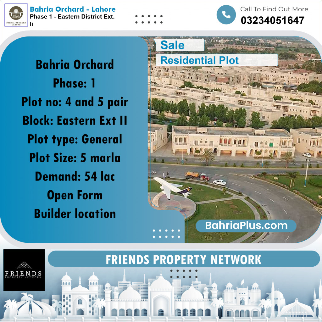 Residential Plot for Sale in Phase 1 - Eastern District Ext. II -  Bahria Orchard, Lahore - (BP-201924)