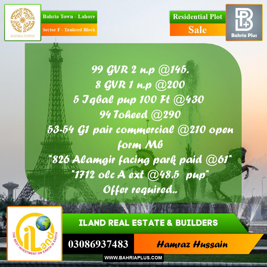 Residential Plot for Sale in Sector F - Tauheed Block -  Bahria Town, Lahore - (BP-202077)