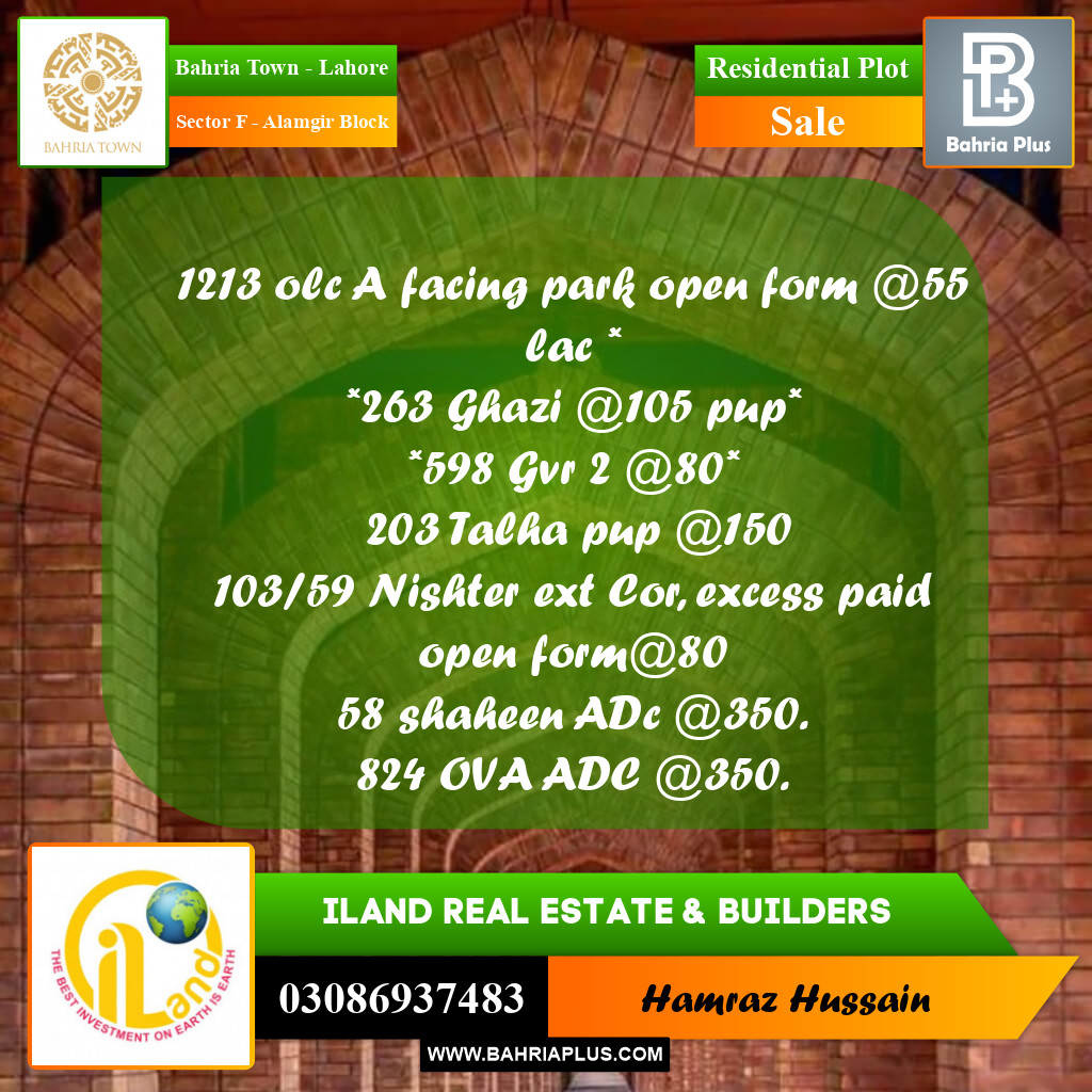 Residential Plot for Sale in Sector F - Alamgir Block -  Bahria Town, Lahore - (BP-202082)
