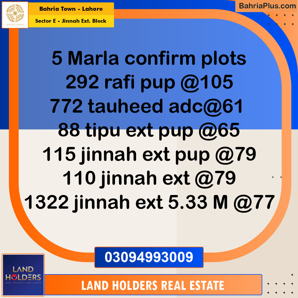 Residential Plot for Sale in Sector E - Jinnah Ext. Block -  Bahria Town, Lahore - (BP-202106)