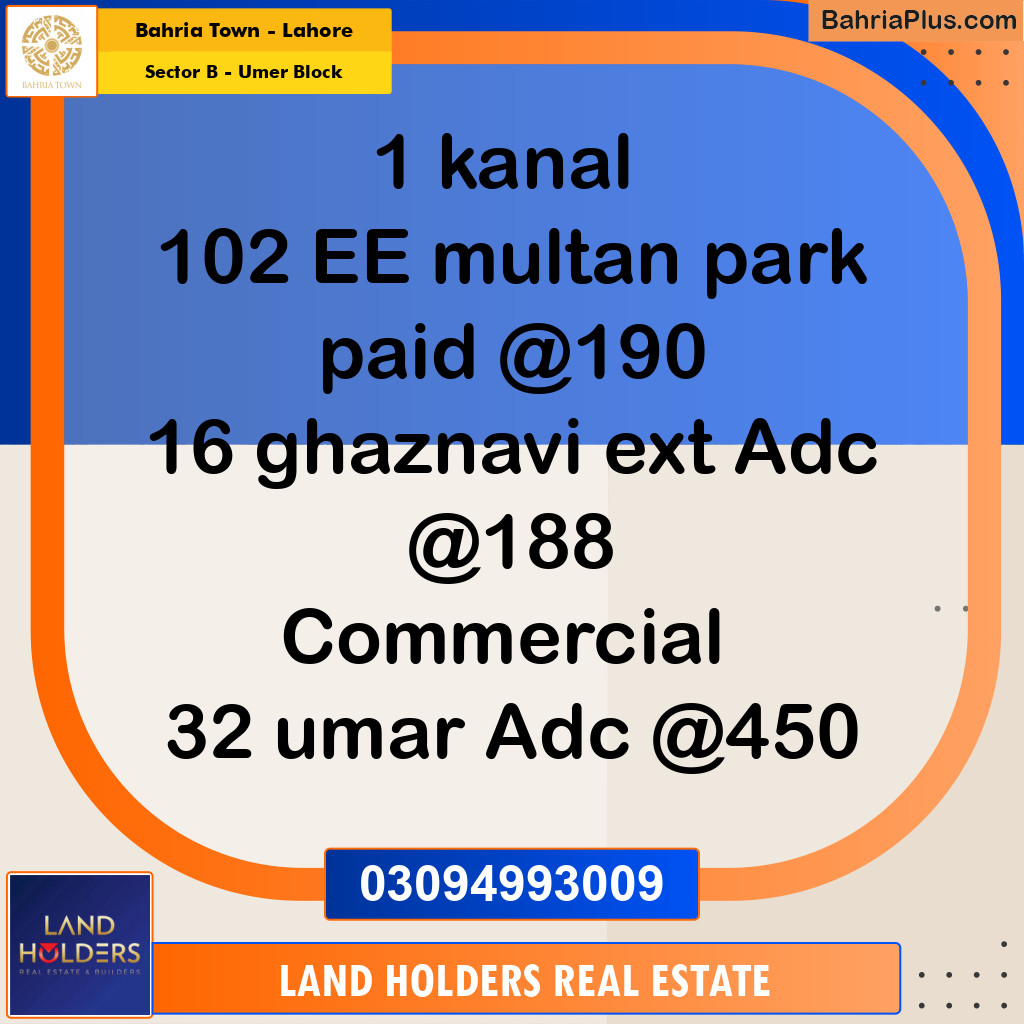 Residential Plot for Sale in Sector B - Umer Block -  Bahria Town, Lahore - (BP-202108)