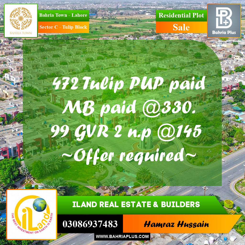 1 Kanal Residential Plot for Sale in Sector C - Tulip Block -  Bahria Town, Lahore - (BP-202136)