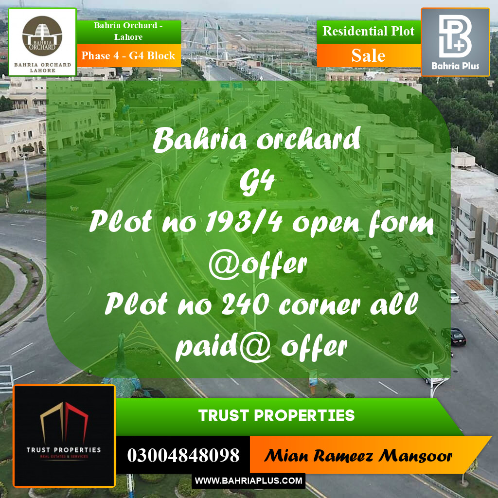 Residential Plot for Sale in Phase 4 - G4 Block -  Bahria Orchard, Lahore - (BP-202593)