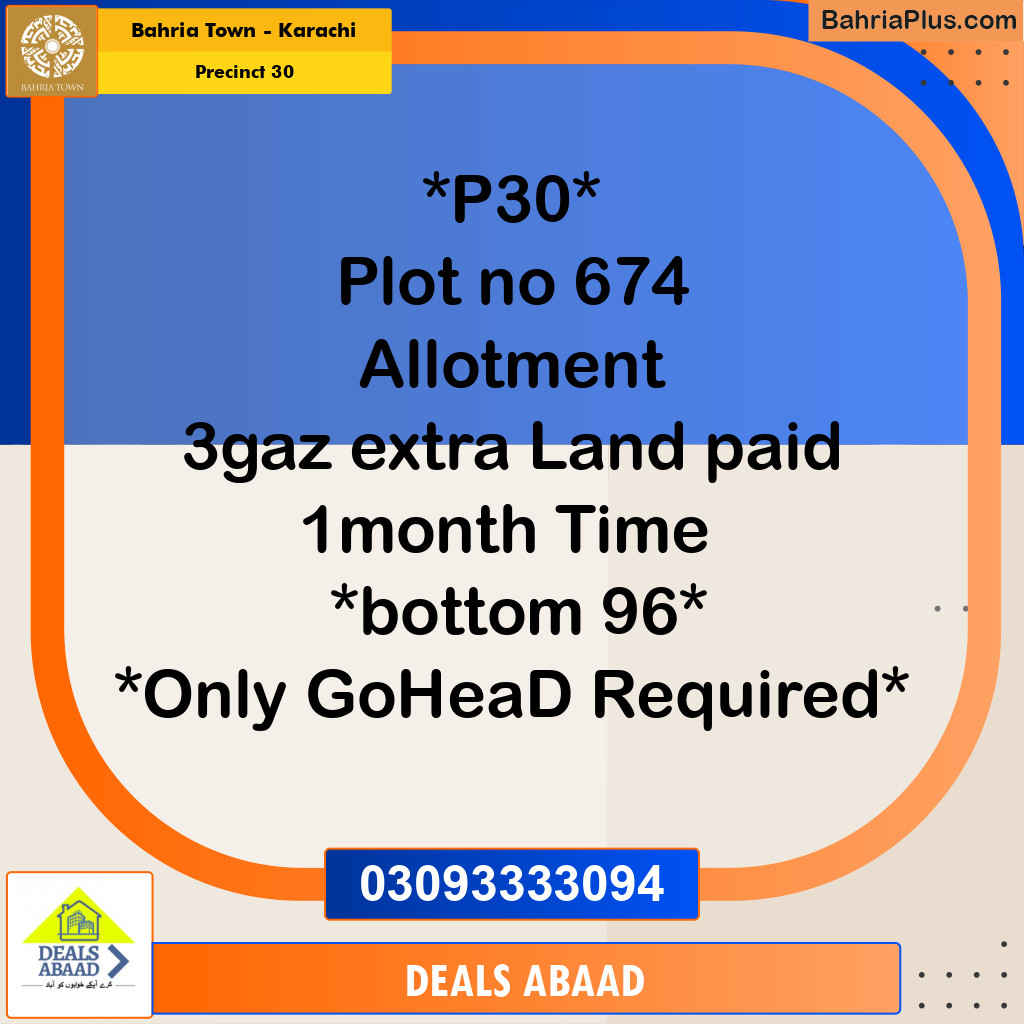 250 Sq. Yards Residential Plot for Sale in Precinct 30 -  Bahria Town, Karachi - (BP-202597)