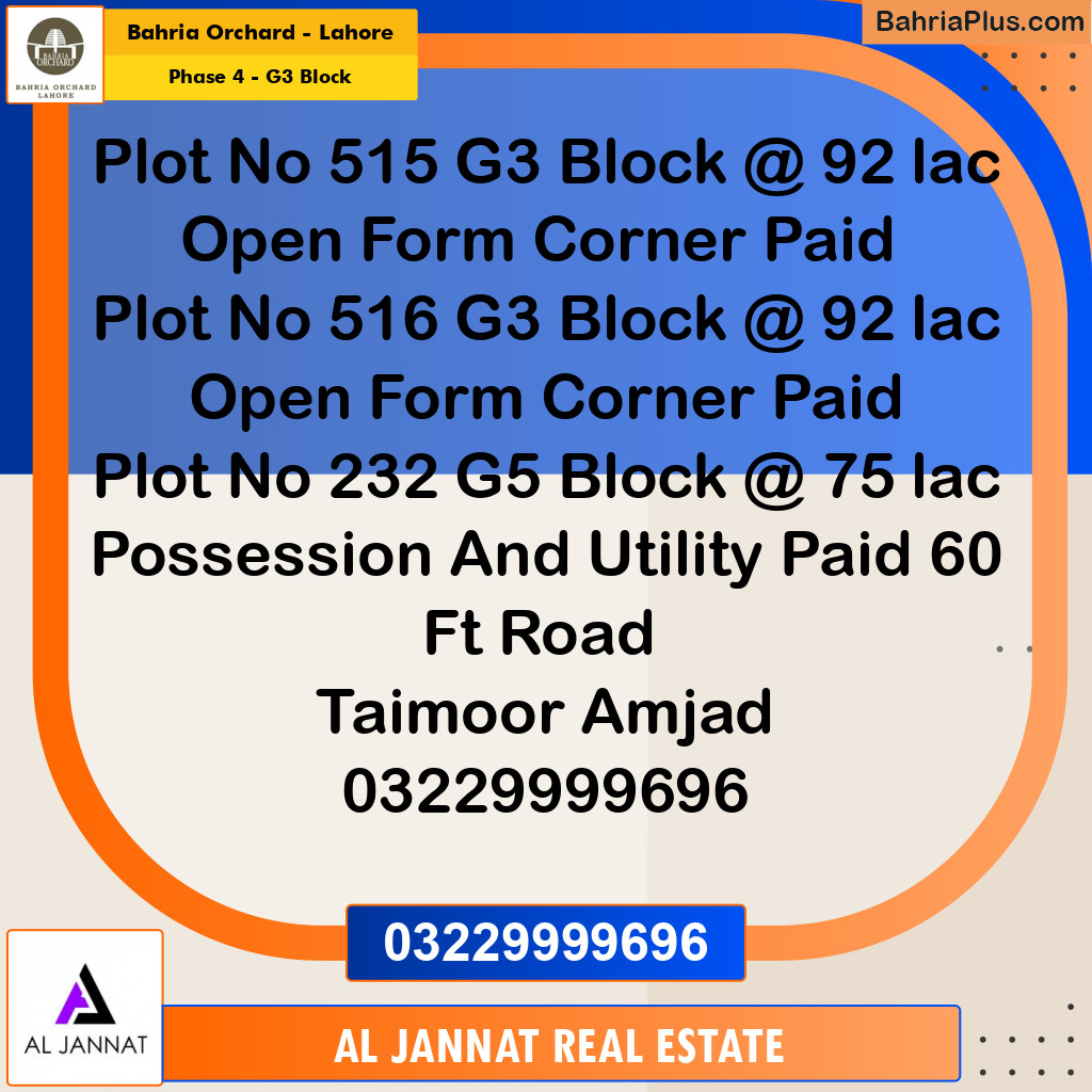 10 Marla Residential Plot for Sale in Phase 4 - G3 Block -  Bahria Orchard, Lahore - (BP-202672)