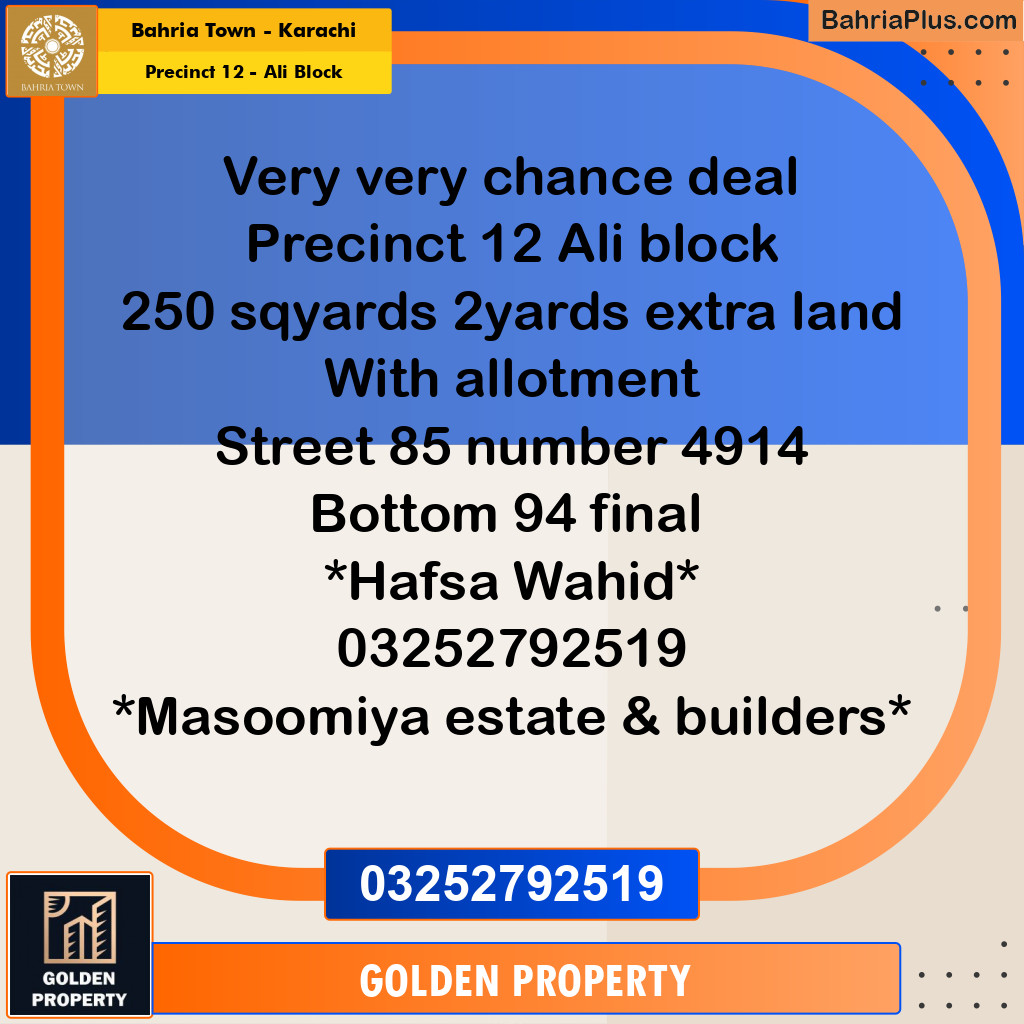 250 Sq. Yards Residential Plot for Sale in Precinct 12 - Ali Block -  Bahria Town, Karachi - (BP-202685)