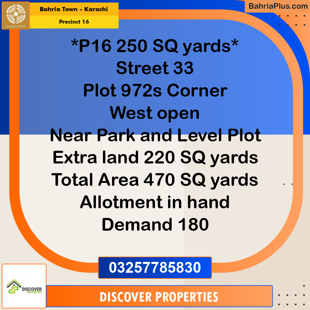 250 Sq. Yards Residential Plot for Sale in Precinct 16 -  Bahria Town, Karachi - (BP-202835)