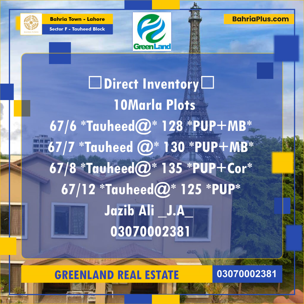 10 Marla Residential Plot for Sale in Sector F - Tauheed Block -  Bahria Town, Lahore - (BP-202969)
