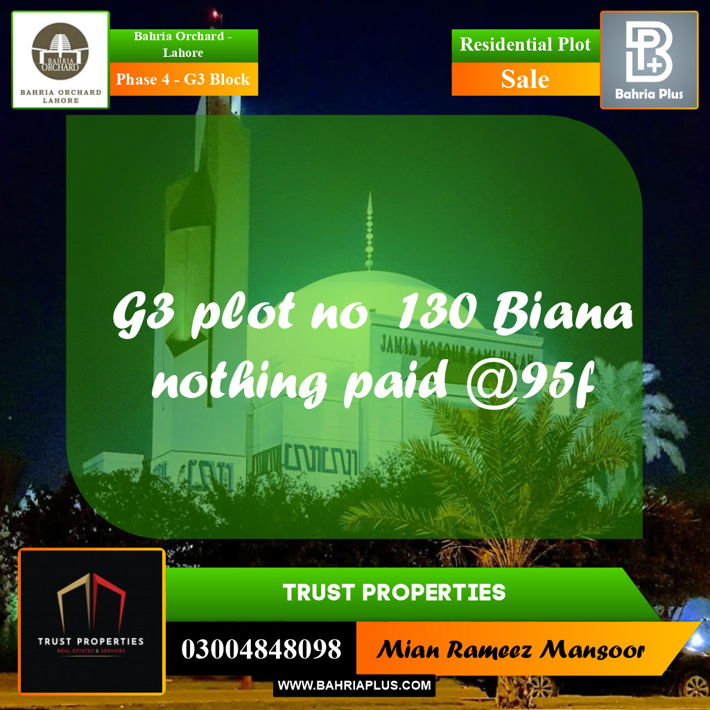 10 Marla Residential Plot for Sale in Phase 4 - G3 Block -  Bahria Orchard, Lahore - (BP-203122)