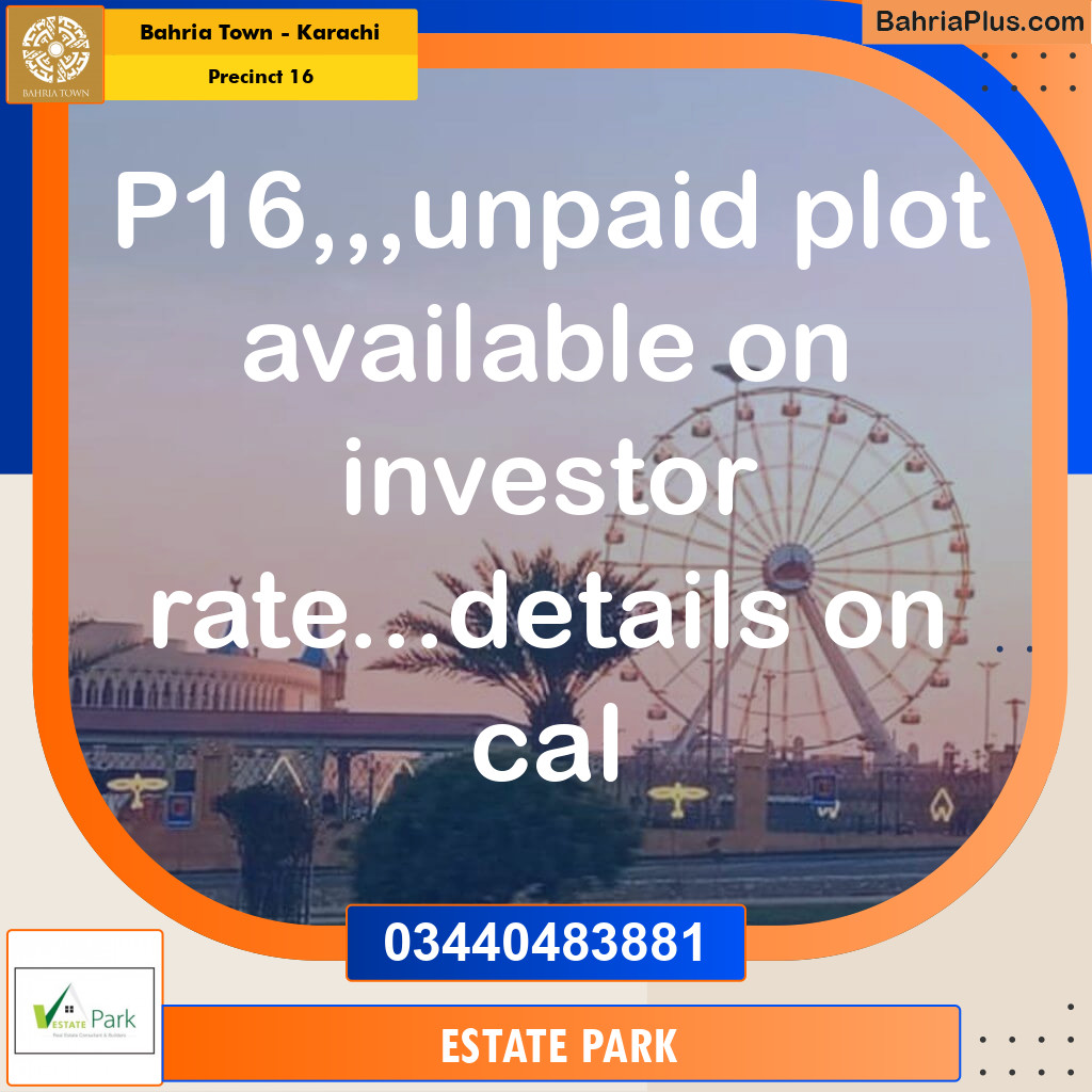 Residential Plot for Sale in Precinct 16 - Bahria Town, Karachi - (BP-203151)
